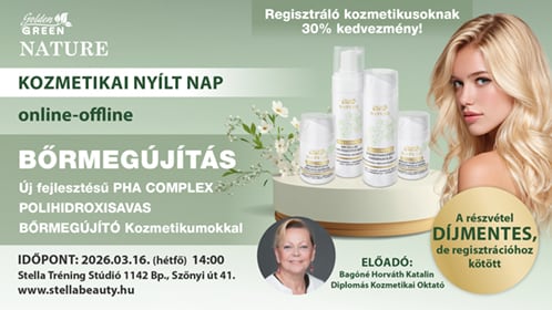 Kozmetikai NYÍLT NAP - 2026.03.16. Golden GREEN PHA (online-offline)